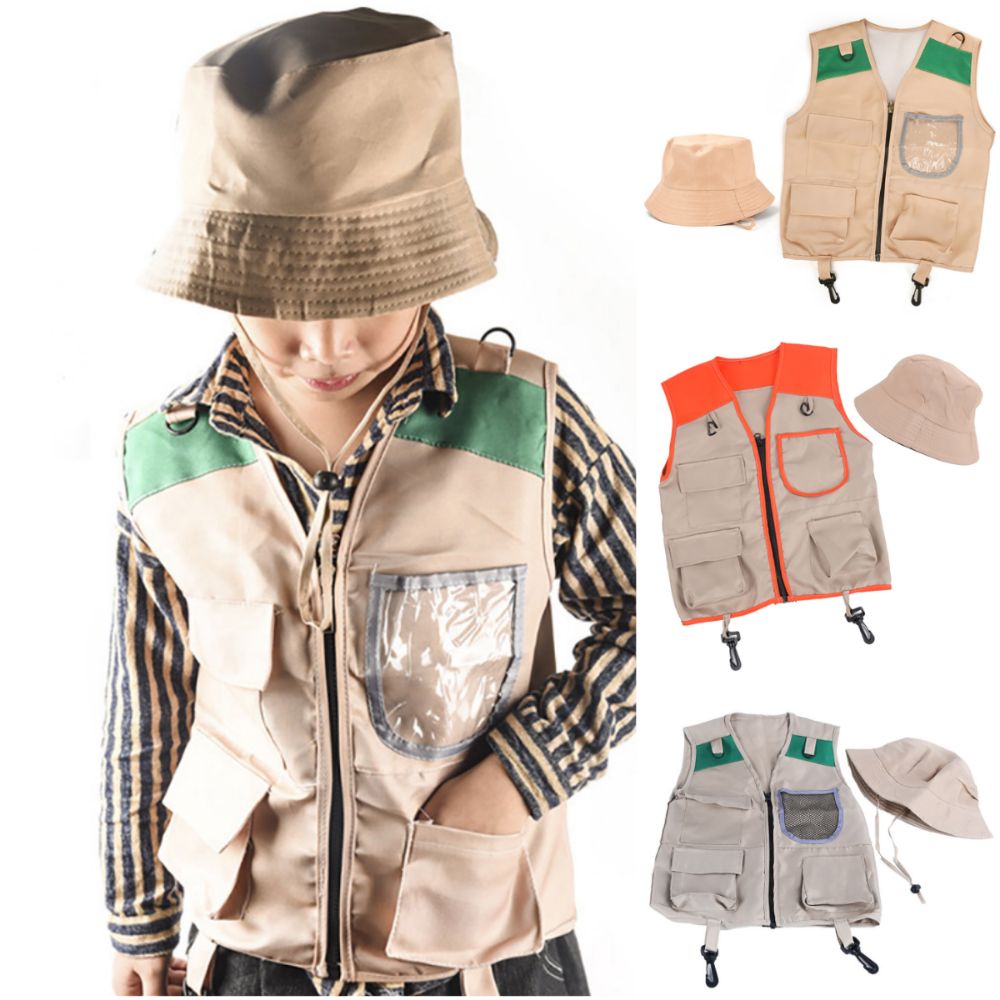 Outdoor Adventure Kit For Kids - ชุดหมวกและเสื้อกั๊กสำหรับเด็กหลากสี ชุดแต่งตัวเล่นบทบาทสมมติ ดีไซน์สไตล์คาร์โก้ ชุดผจญภัยกลางแจ้งสำหรับเด็ก ชุดเสื้อกั๊กและหมวกสำหรับเด็กนักสำรวจ